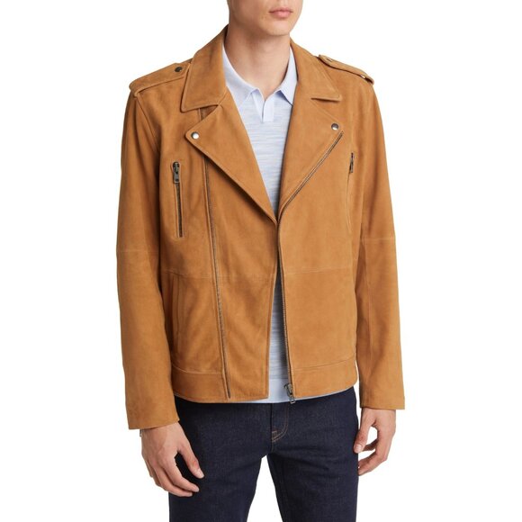 🆕OPEN EDIT from Nordstrom Suede Leather Moto Jacket Medium Camel Brown - Picture 2 of 12